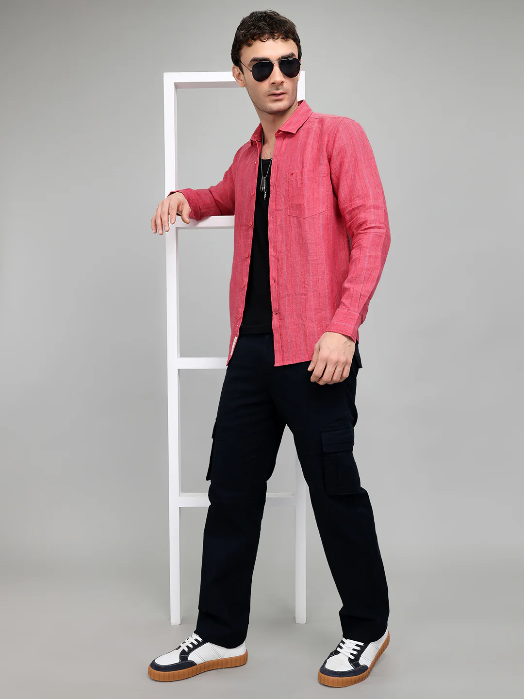 Men Red Stripe Collar Full Sleeve Shirt - Image 6