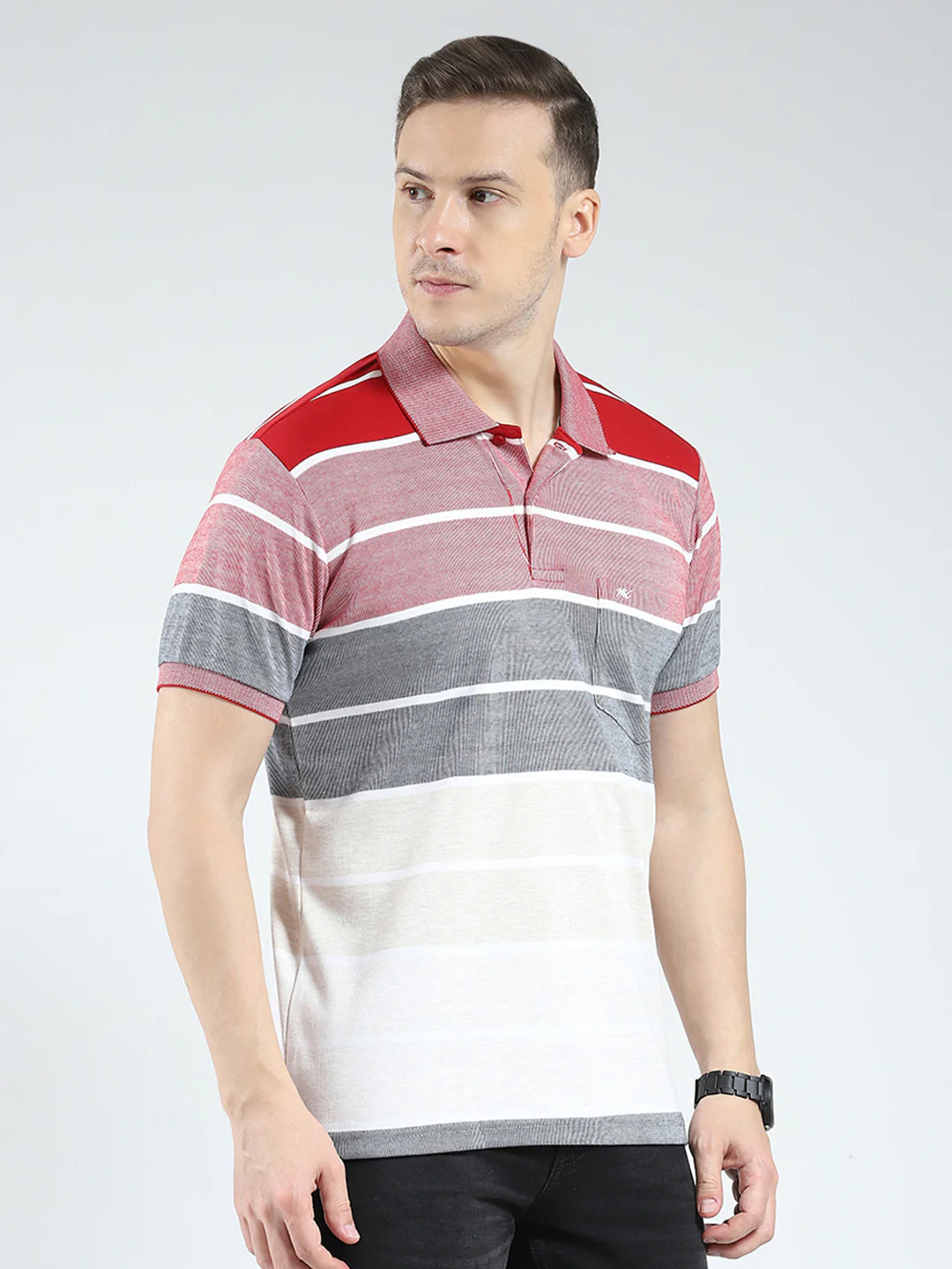 Men Red Stripe Collar Half Sleeve T-Shirt - Image 4