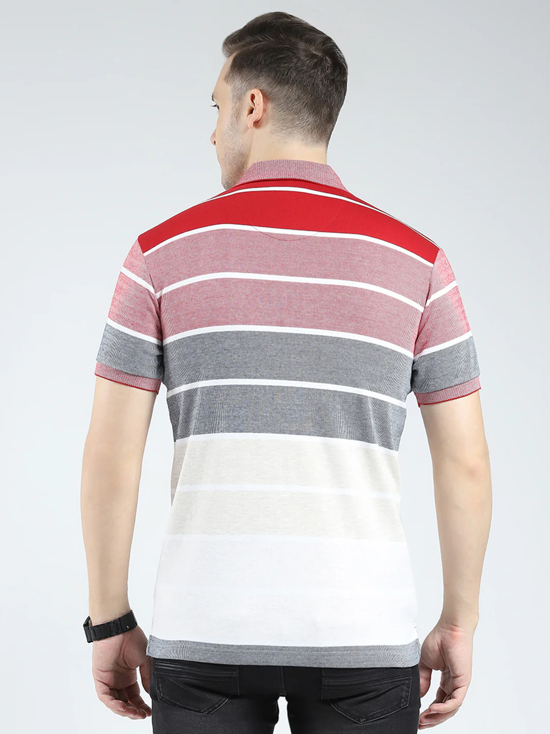 Men Red Stripe Collar Half Sleeve T-Shirt - Image 5