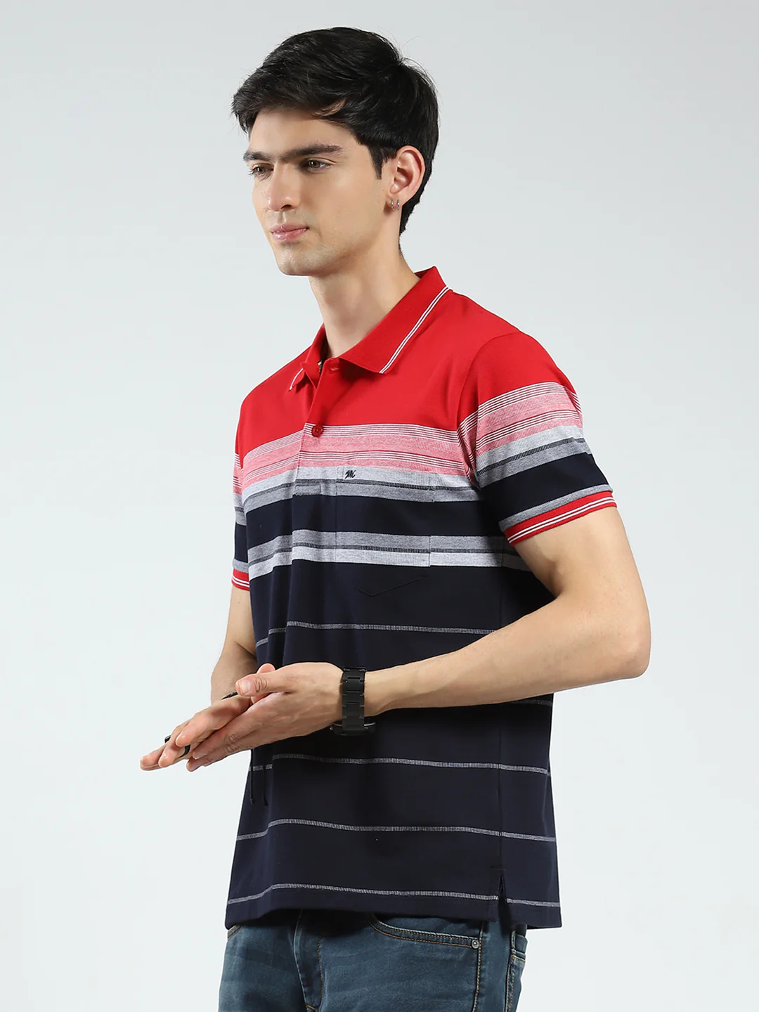 Men Red Stripe Collar Half Sleeve T-Shirt - Image 3