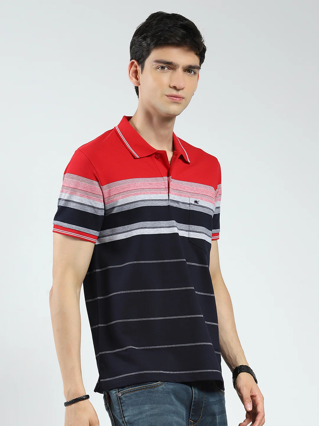 Men Red Stripe Collar Half Sleeve T-Shirt - Image 4