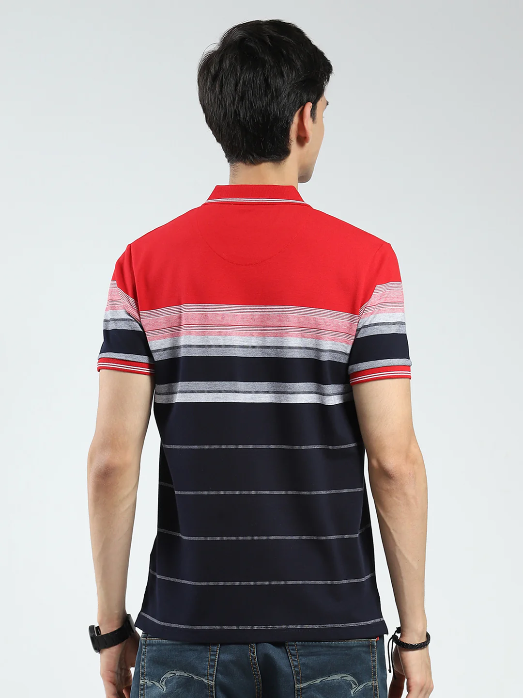 Men Red Stripe Collar Half Sleeve T-Shirt - Image 5