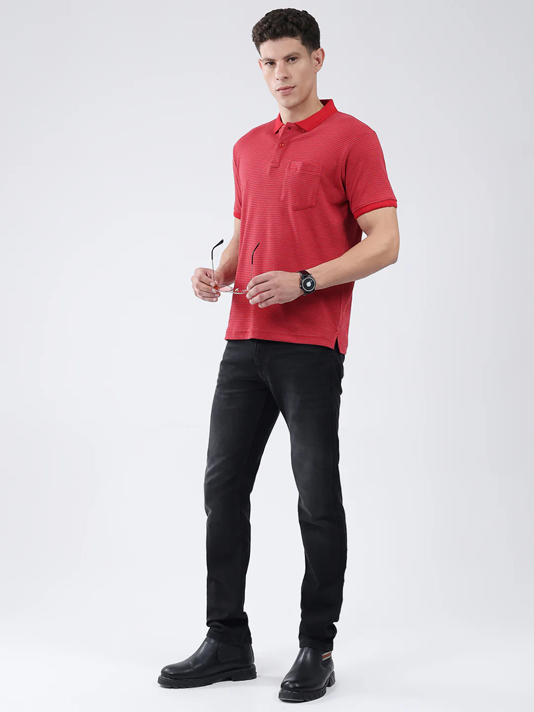 Men Red Stripe Collar Half Sleeve T-Shirt - Image 2