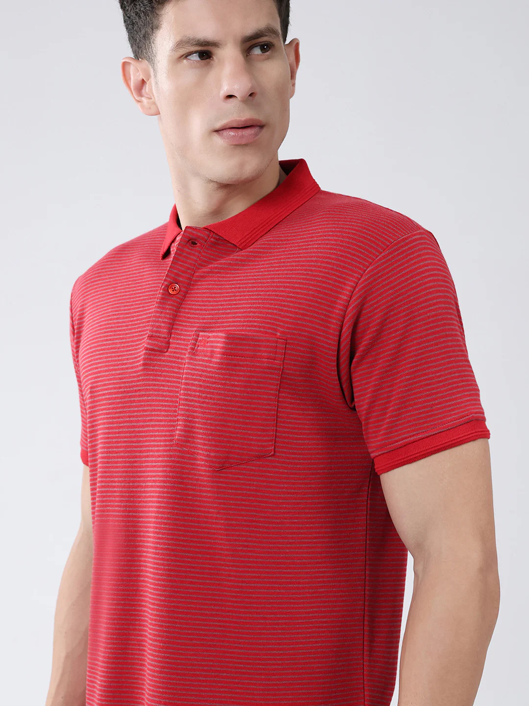 Men Red Stripe Collar Half Sleeve T-Shirt - Image 6
