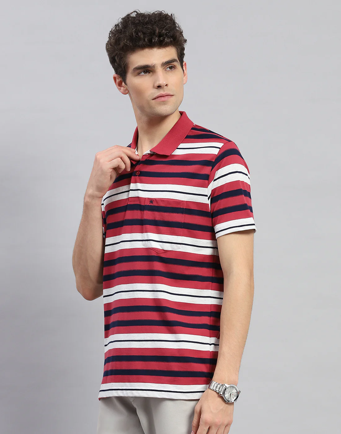 Men Red Stripe Polo Collar Half Sleeve T-Shirt - Image 3