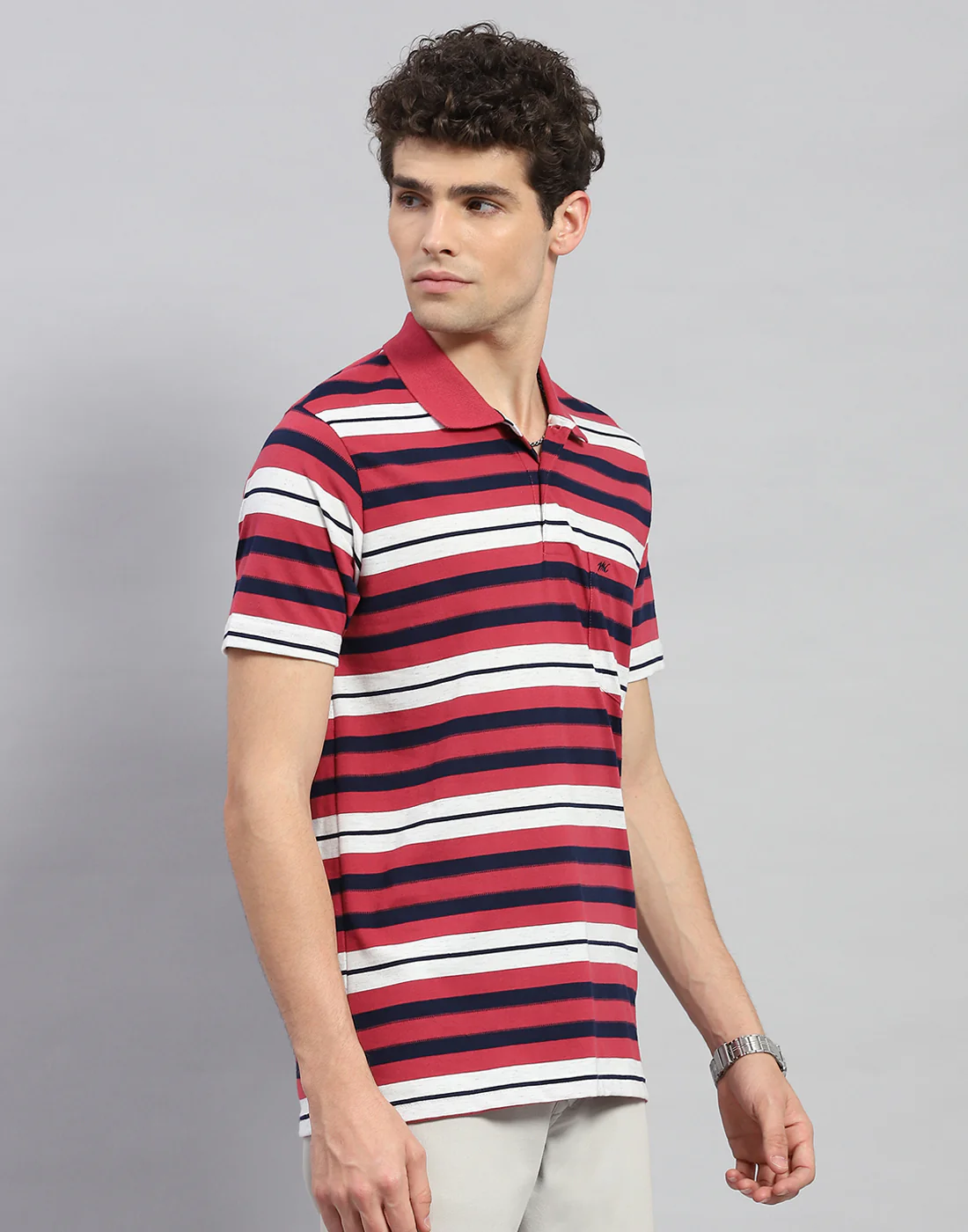 Men Red Stripe Polo Collar Half Sleeve T-Shirt - Image 4