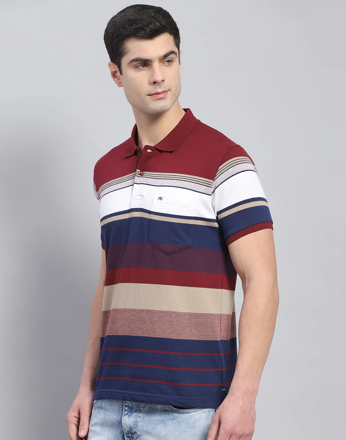 Men Red Stripe Polo Collar Half Sleeve T-Shirt - Image 4