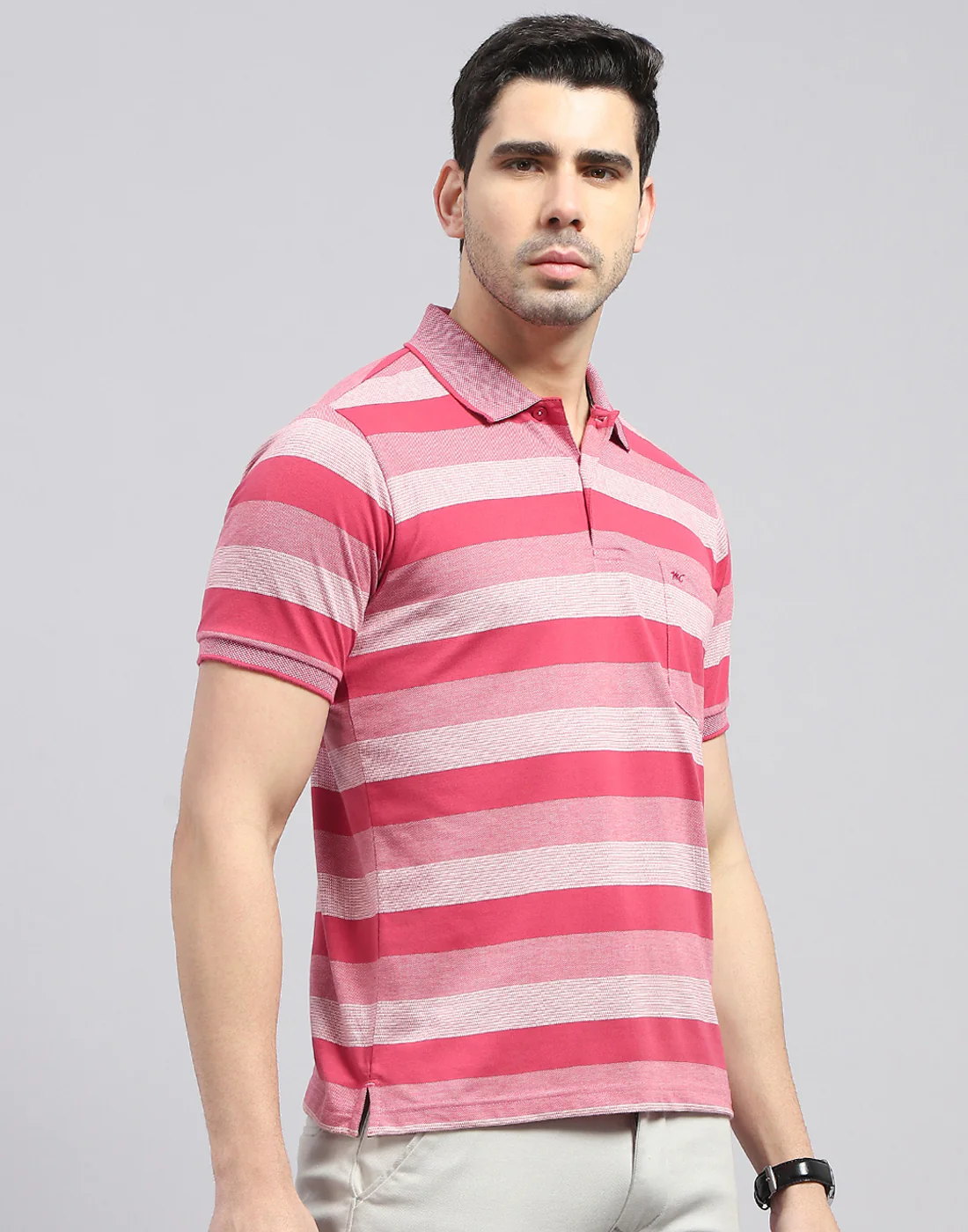 Men Red Stripe Polo Collar Half Sleeve T-Shirt - Image 4