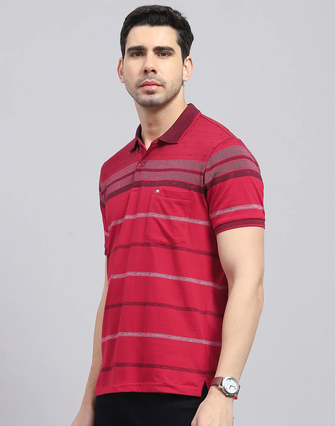Men Red Stripe Polo Collar Half Sleeve T-Shirt - Image 3