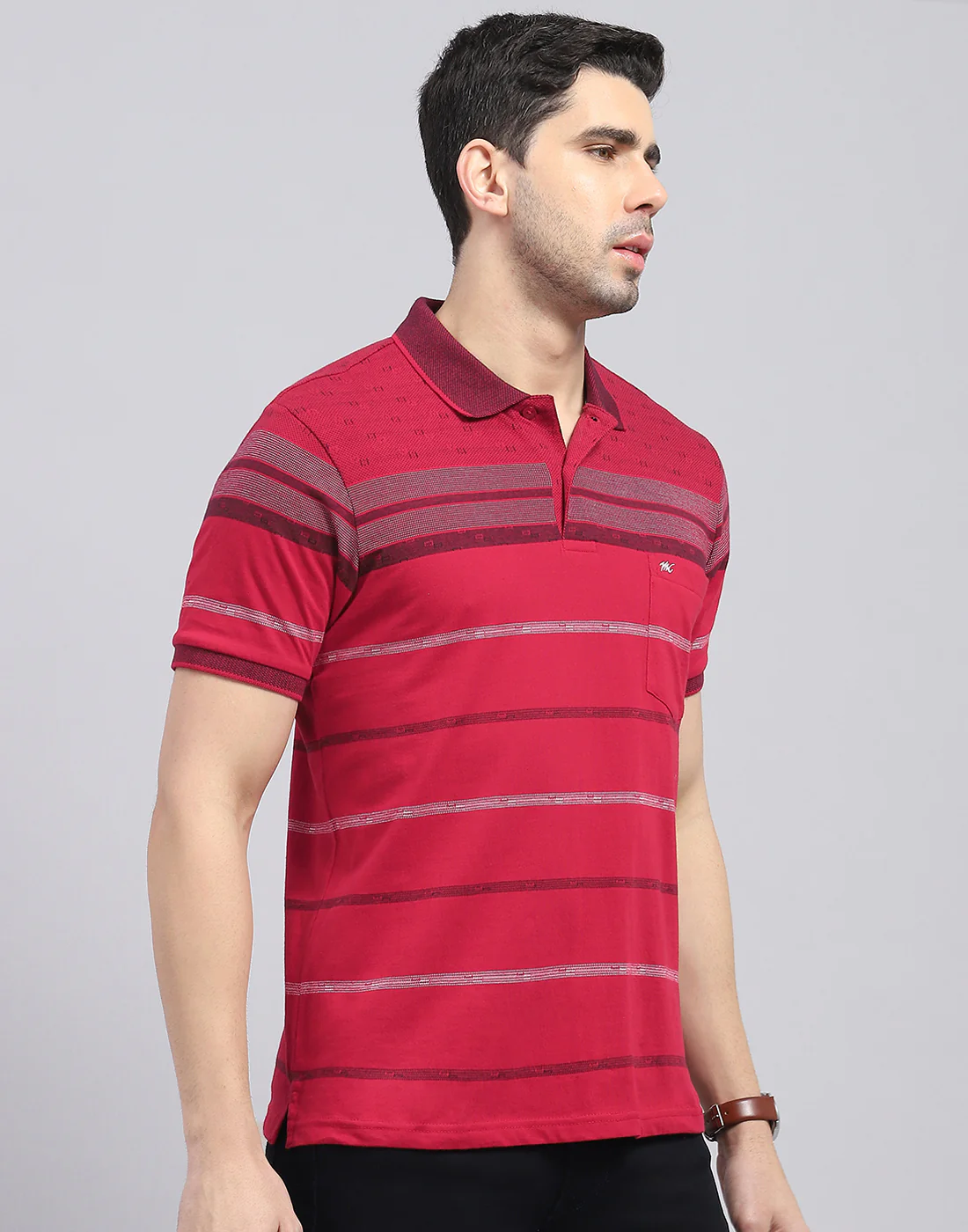 Men Red Stripe Polo Collar Half Sleeve T-Shirt - Image 4