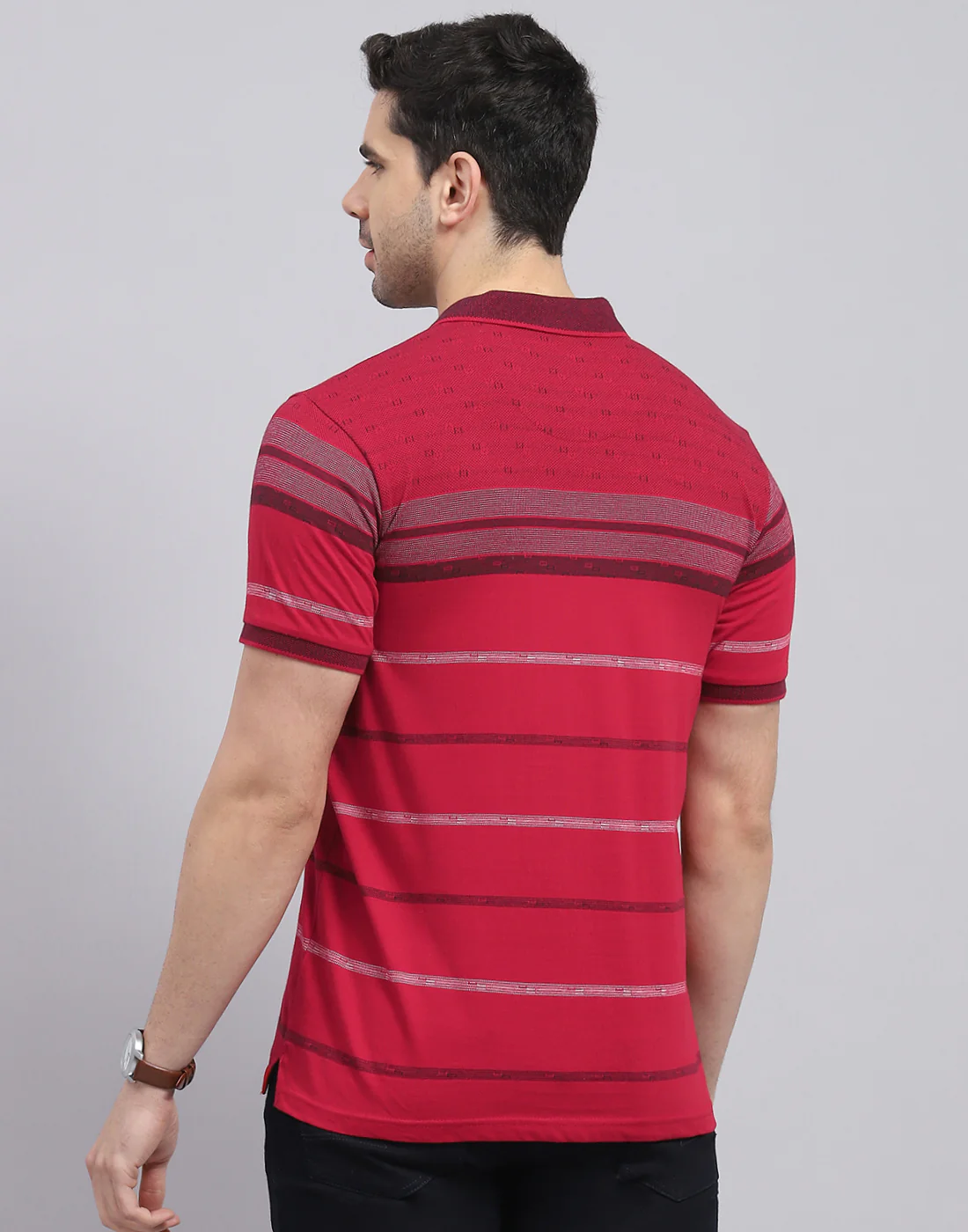 Men Red Stripe Polo Collar Half Sleeve T-Shirt - Image 5