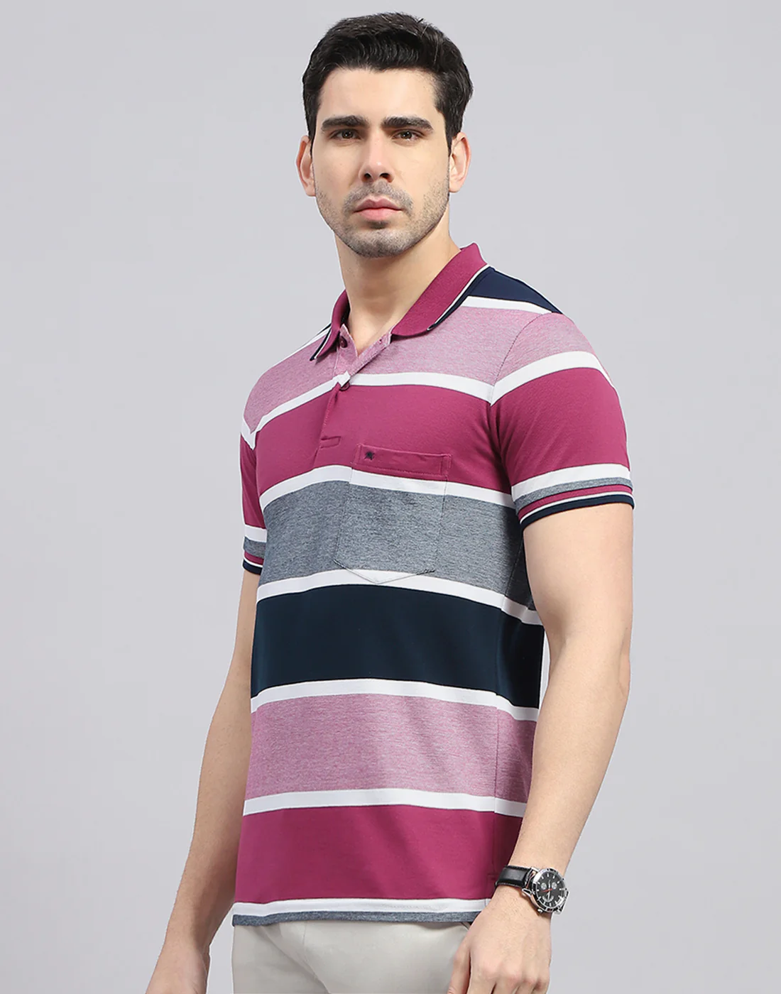 Men Red Stripe Polo Collar Half Sleeve T-Shirt - Image 4