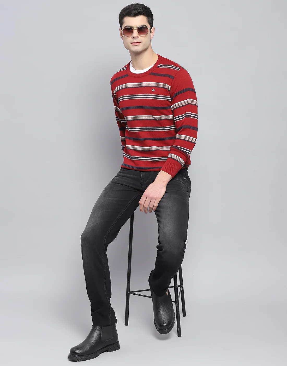 Men Red Stripe Round Neck Full Sleeve Pullover - Image 2