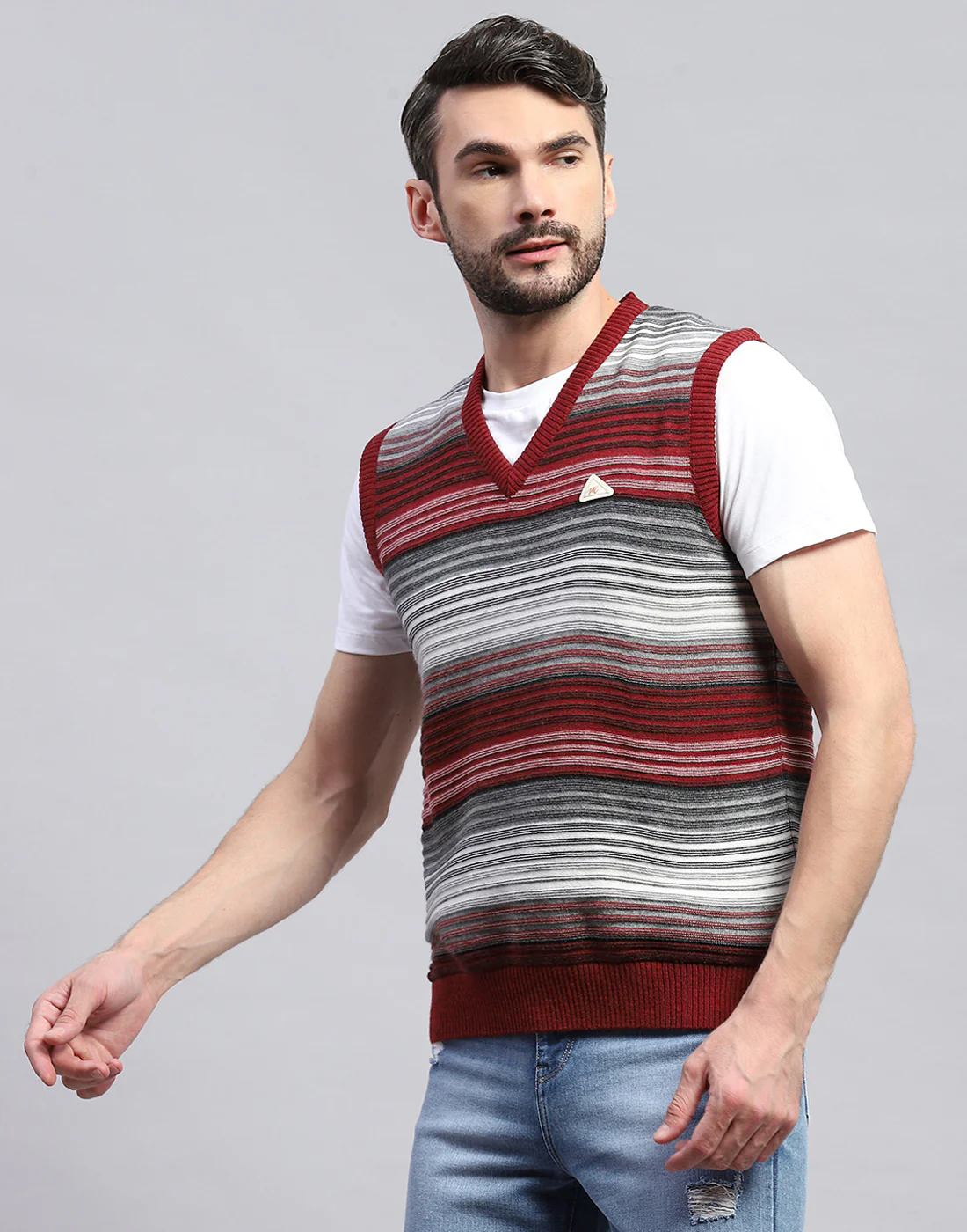 Men Red Stripe V Neck Sleeveless Sweater - Image 3