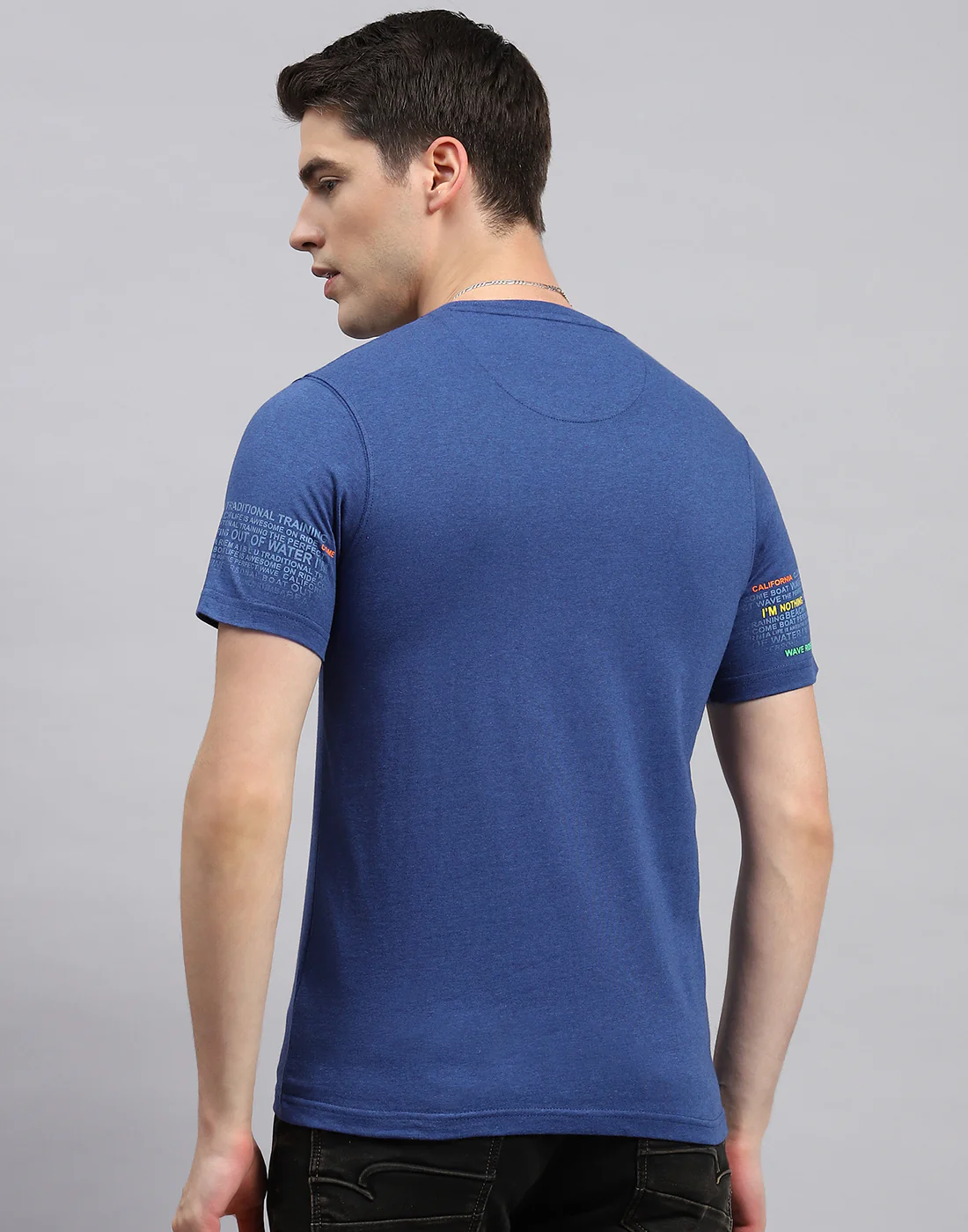 Men Royal Blue Printed Round Neck Half Sleeve T-Shirt - Image 5