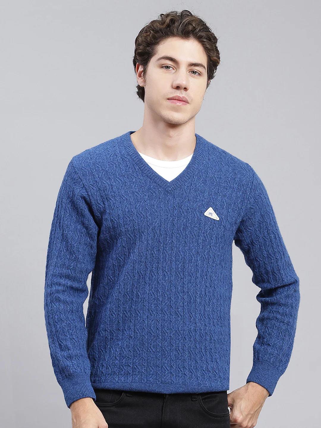 Men Royal Blue Self Design Lamb wool Pullover - Image 2
