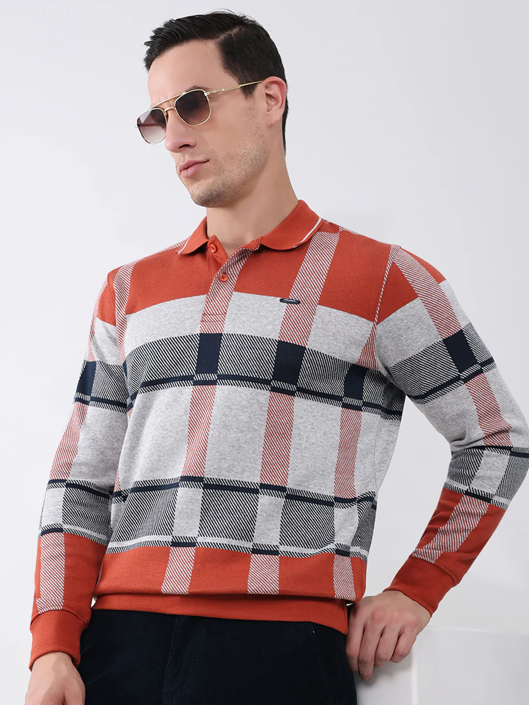 Men Rust Abstract Collar Full Sleeve Winter T-Shirt - Image 6