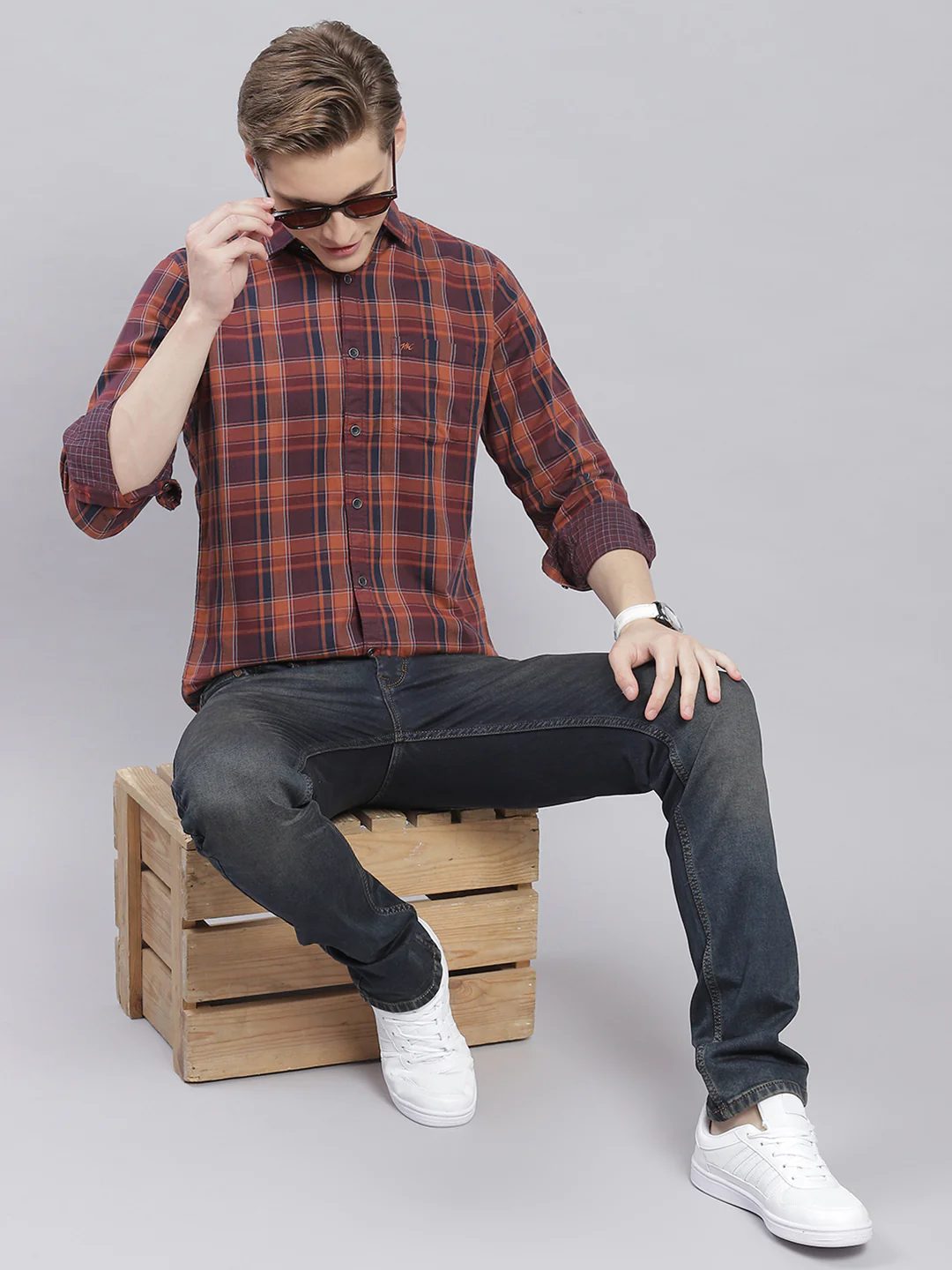 Men Rust Check Collar Full Sleeve Shirts - Image 2