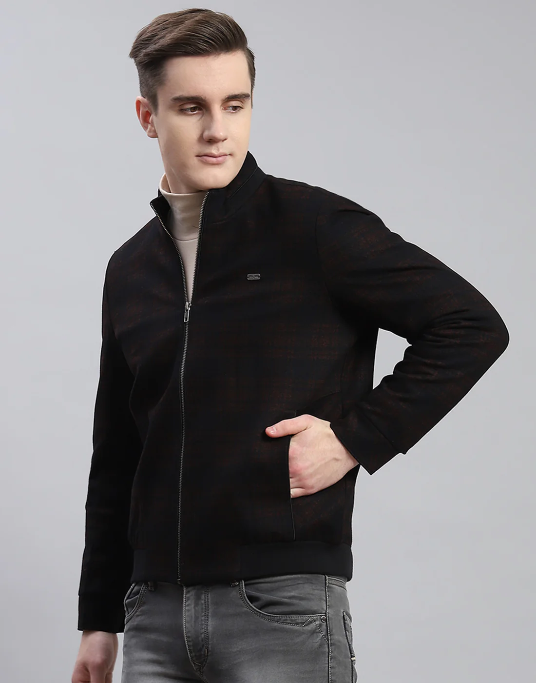 Men Rust Check Stand Collar Full Sleeve Coat - Image 3