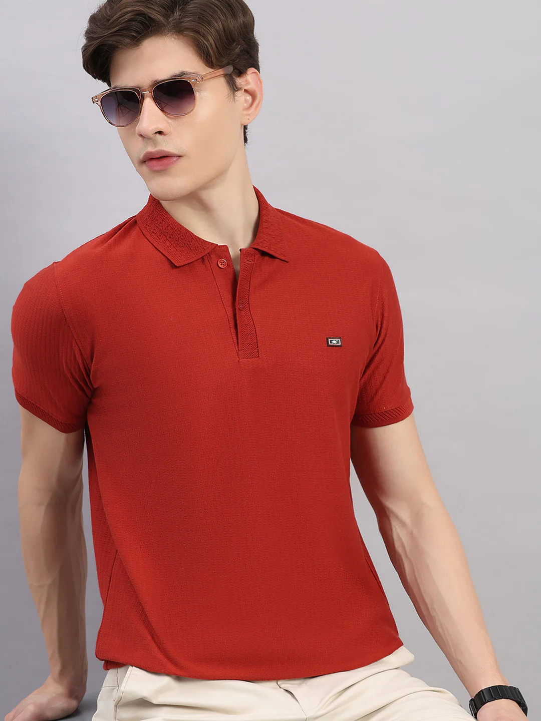 Men Rust Geometric Stand Collar Half Sleeve T-Shirt - Image 6