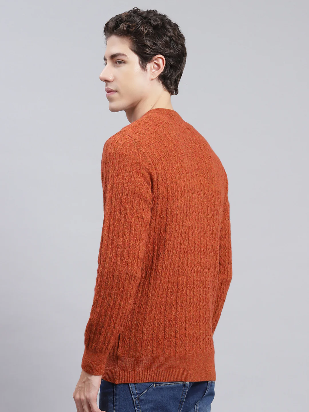 Men Rust Orange Self Design Lamb wool Pullover - Image 5