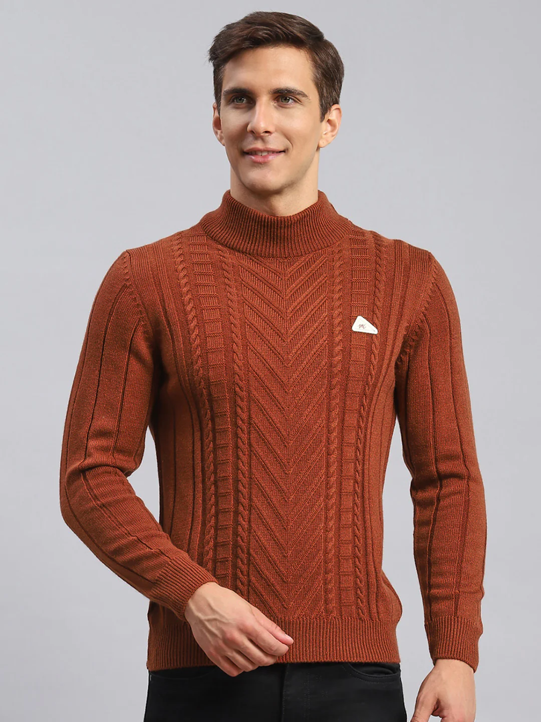 Men Rust Orange Self Design Wool blend Pullover - Image 2