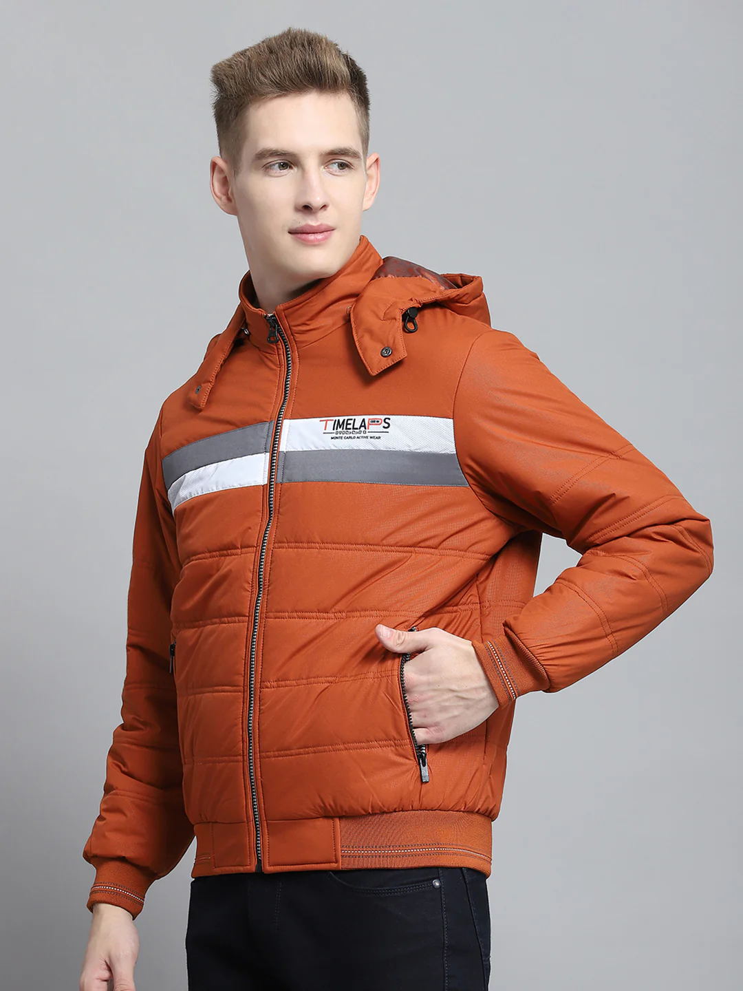 Men Rust Printed Detachable Hood Full Sleeve Jacket - Image 3