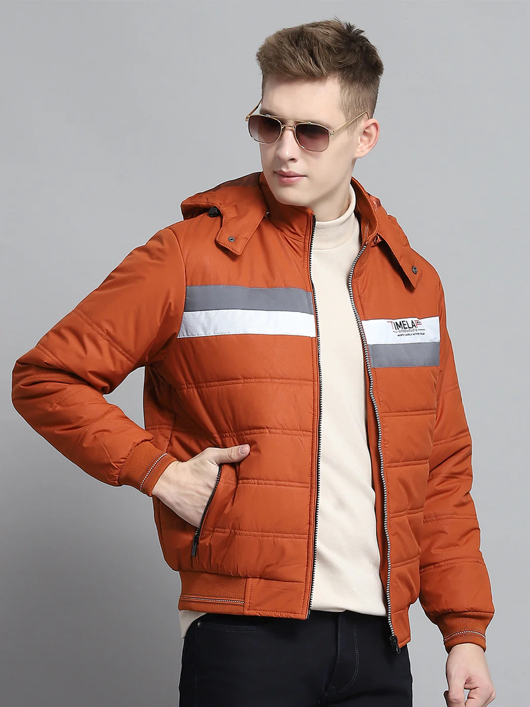 Men Rust Printed Detachable Hood Full Sleeve Jacket - Image 6