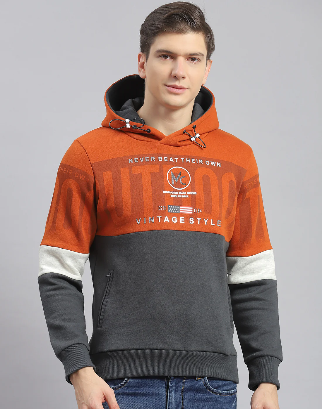 Men Rust Printed Hooded Full Sleeve Sweatshirt - Image 2