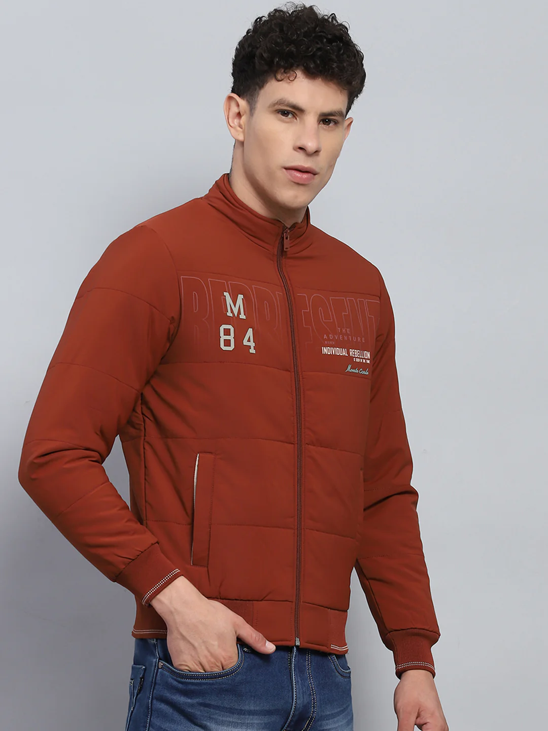 Men Rust Printed Mock Neck Full Sleeve Jacket - Image 4