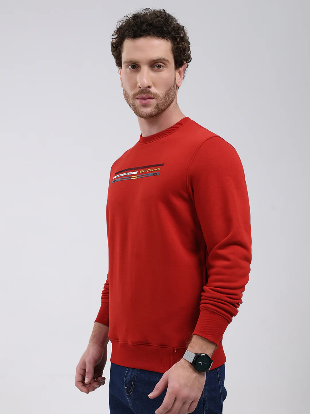 Men Rust Printed Round Neck Full Sleeve Sweatshirt - Image 3
