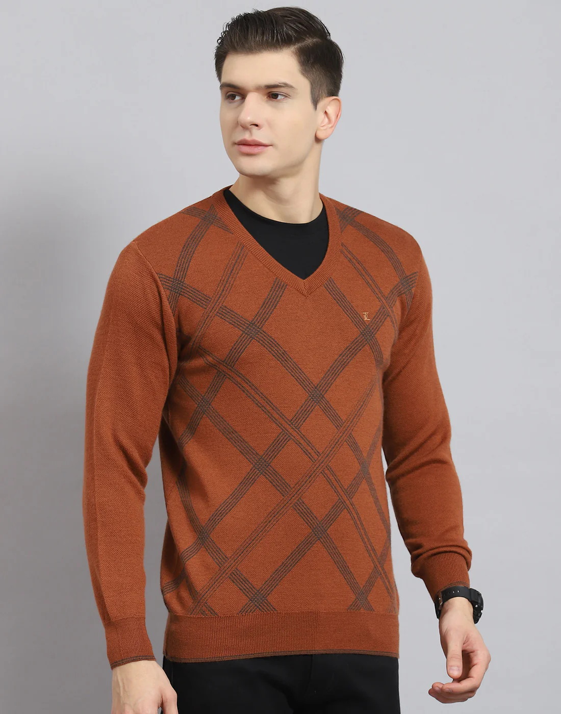 Men Rust Printed V Neck Full Sleeve Sweater - Image 6
