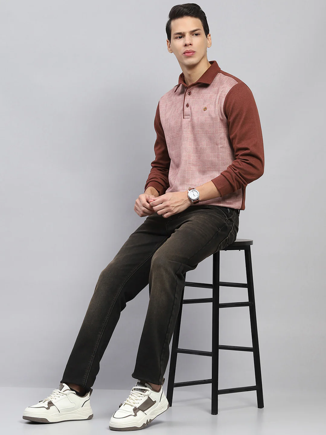 Men Rust Self Design Collar Full Sleeve Sweatshirt - Image 2