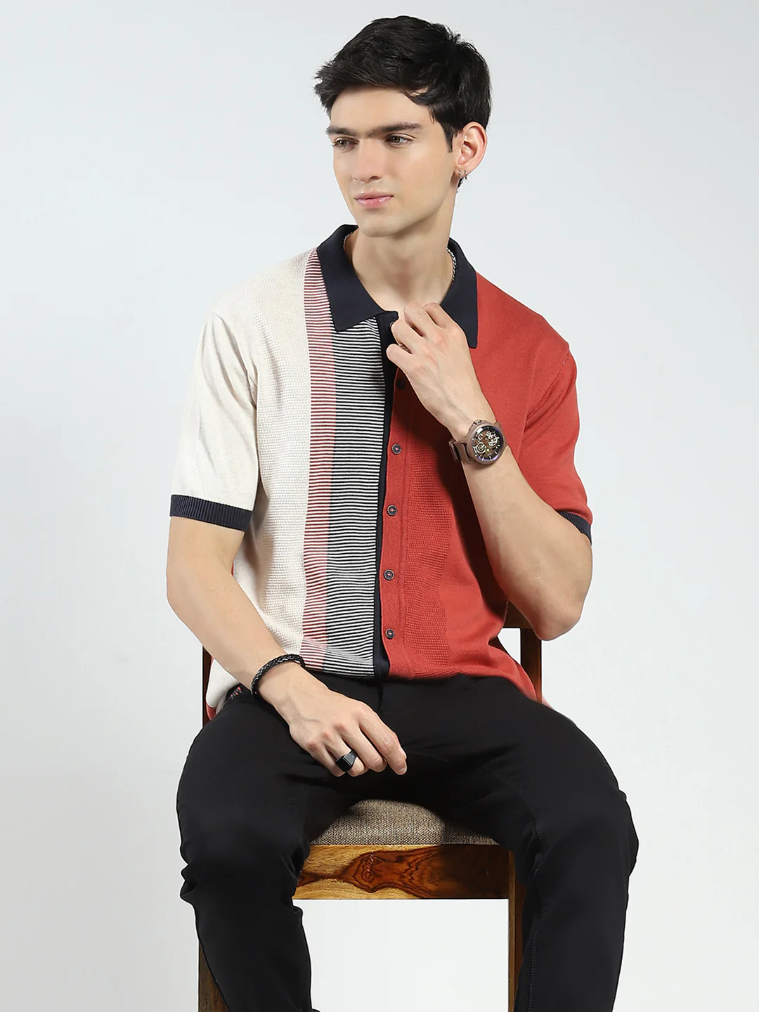 Men Rust Self Design Collar Half Sleeve T-Shirt - Image 6