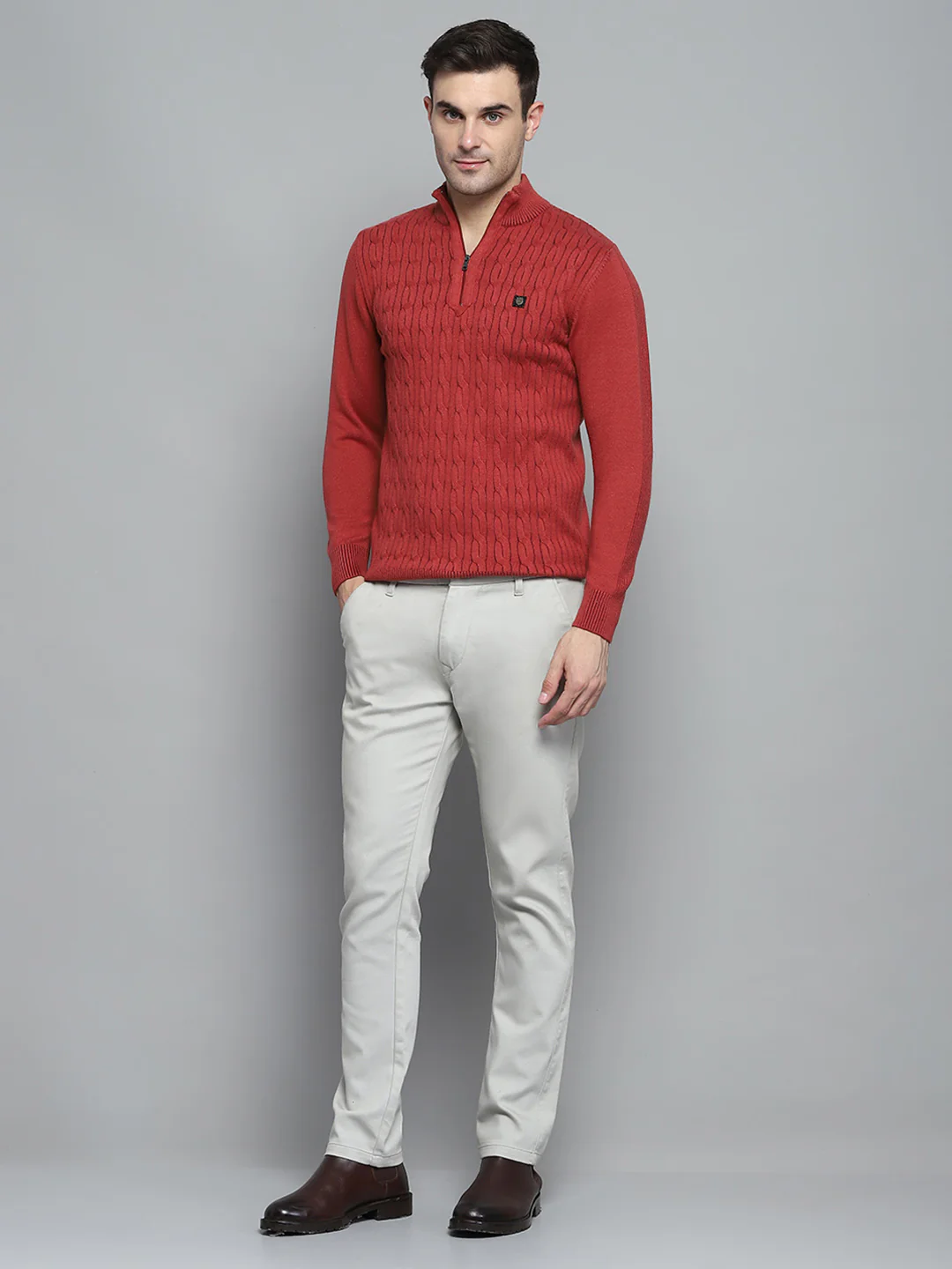 Men Rust Self Design Mock Neck Full Sleeve Pullover - Image 2