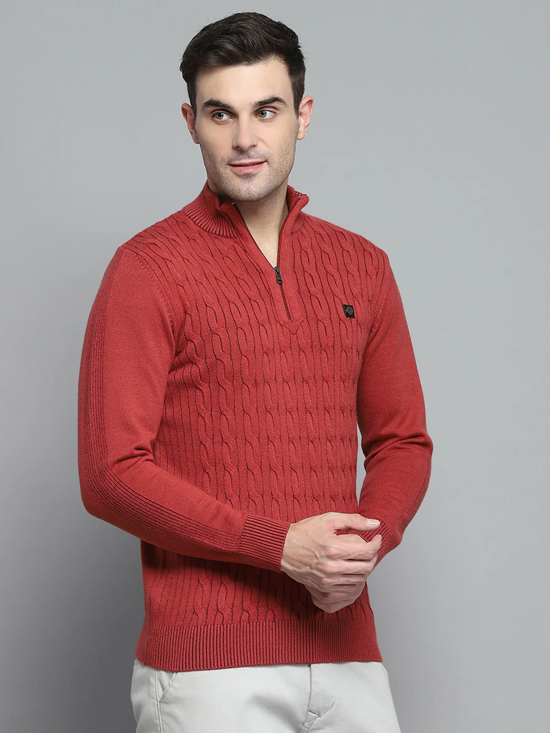 Men Rust Self Design Mock Neck Full Sleeve Pullover - Image 4