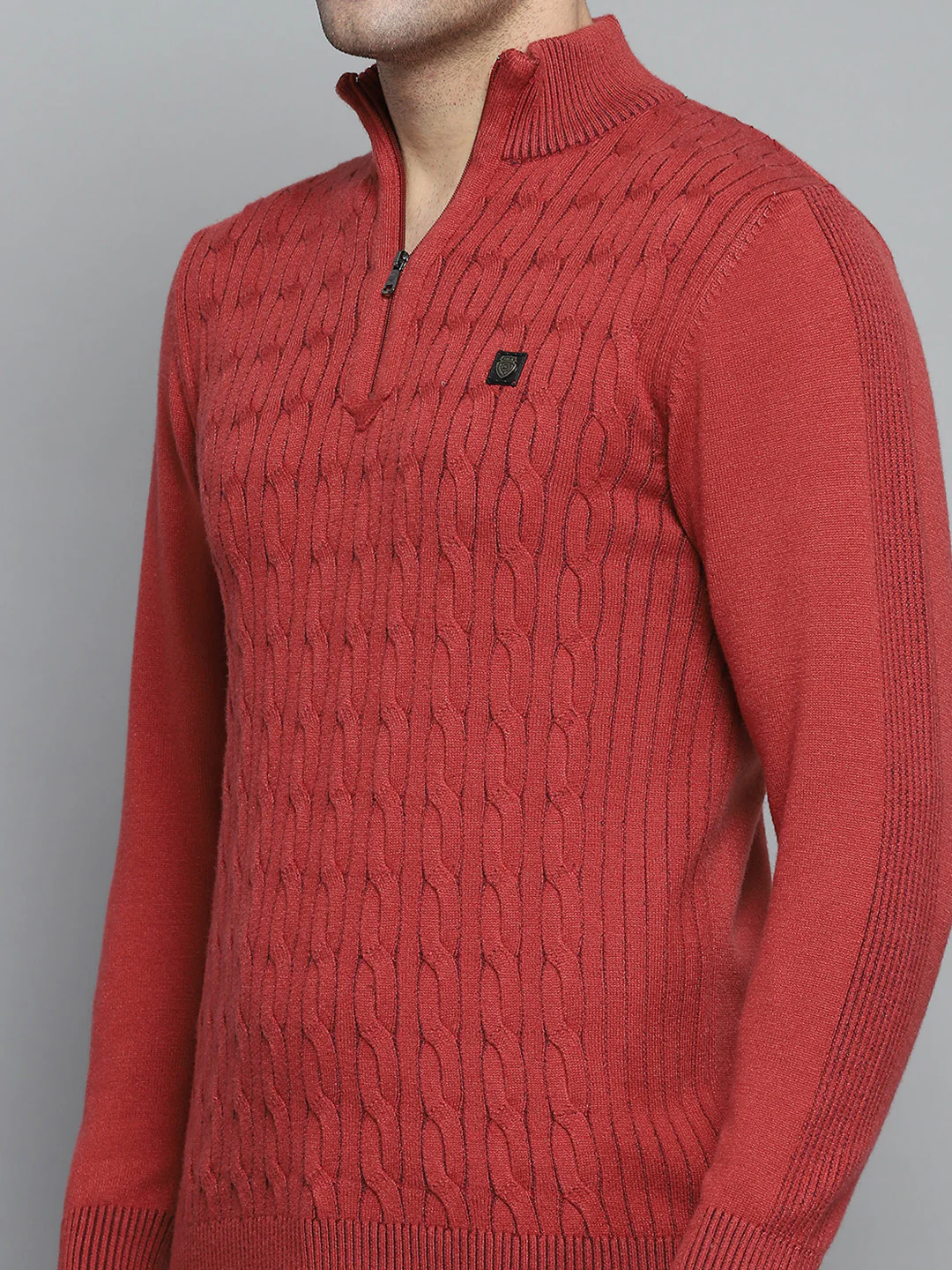 Men Rust Self Design Mock Neck Full Sleeve Pullover - Image 6