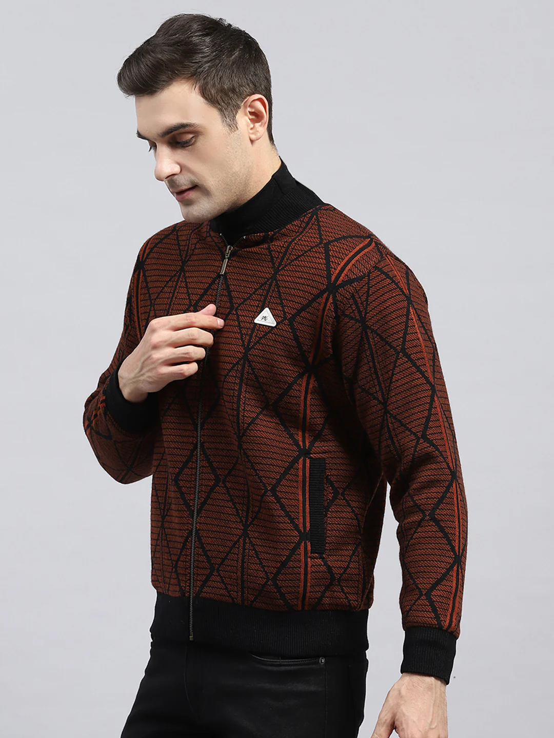 Men Rust Self Design Round Neck Full Sleeve Jacket - Image 3