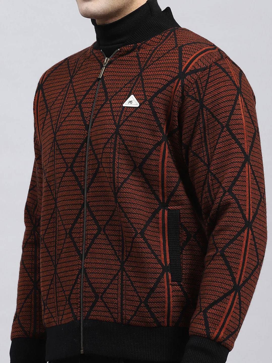 Men Rust Self Design Round Neck Full Sleeve Jacket - Image 7