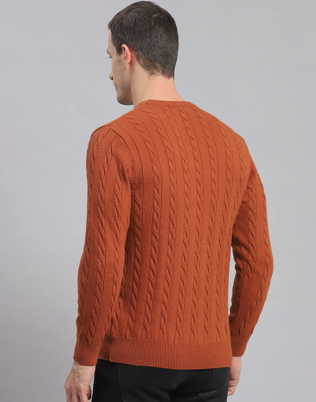 Men Rust Self Design Round Neck Full Sleeve Sweater - Image 6
