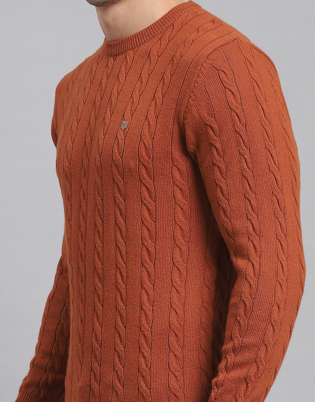 Men Rust Self Design Round Neck Full Sleeve Sweater - Image 7