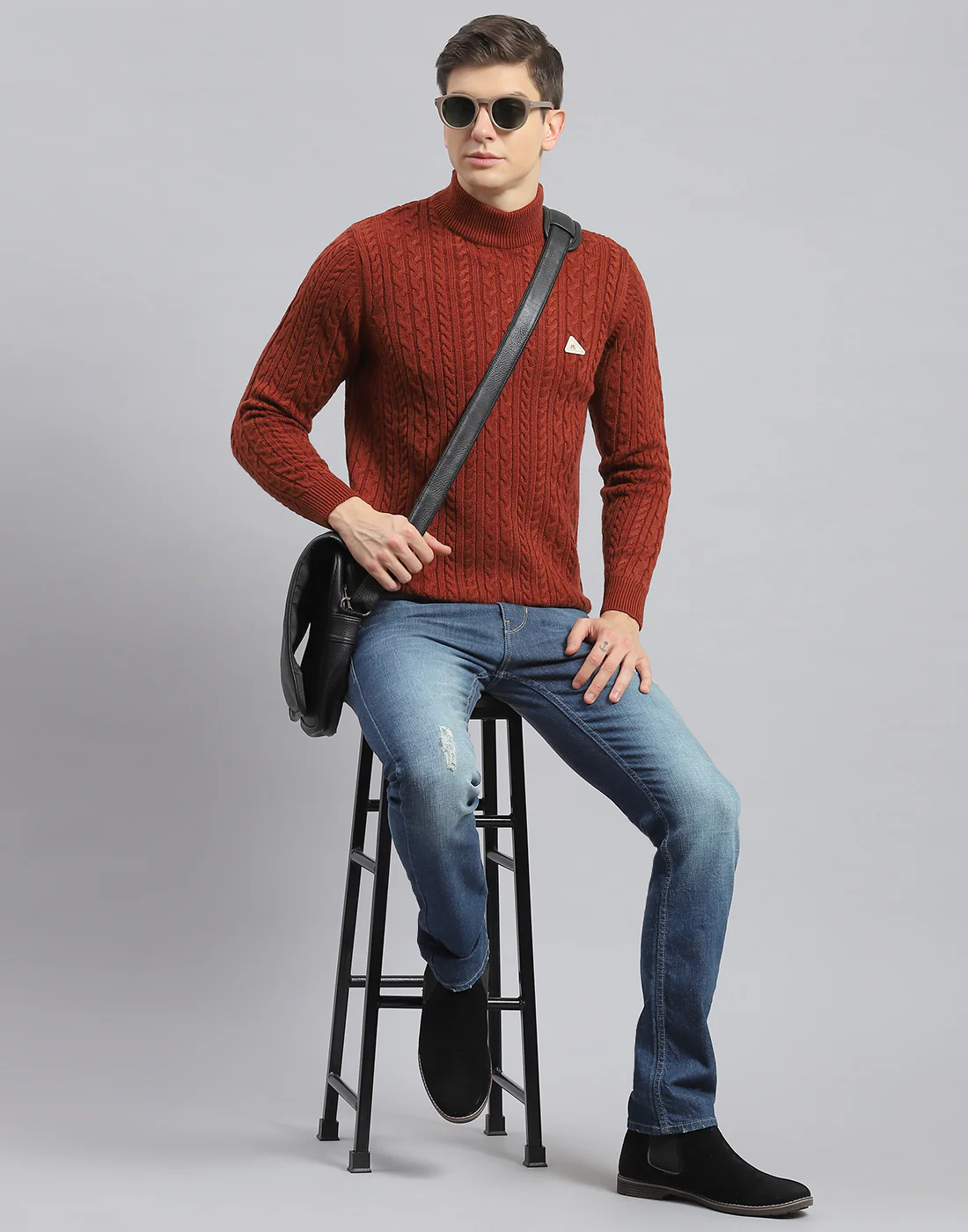 Men Rust Self Design T Neck Full Sleeve Pullover - Image 2