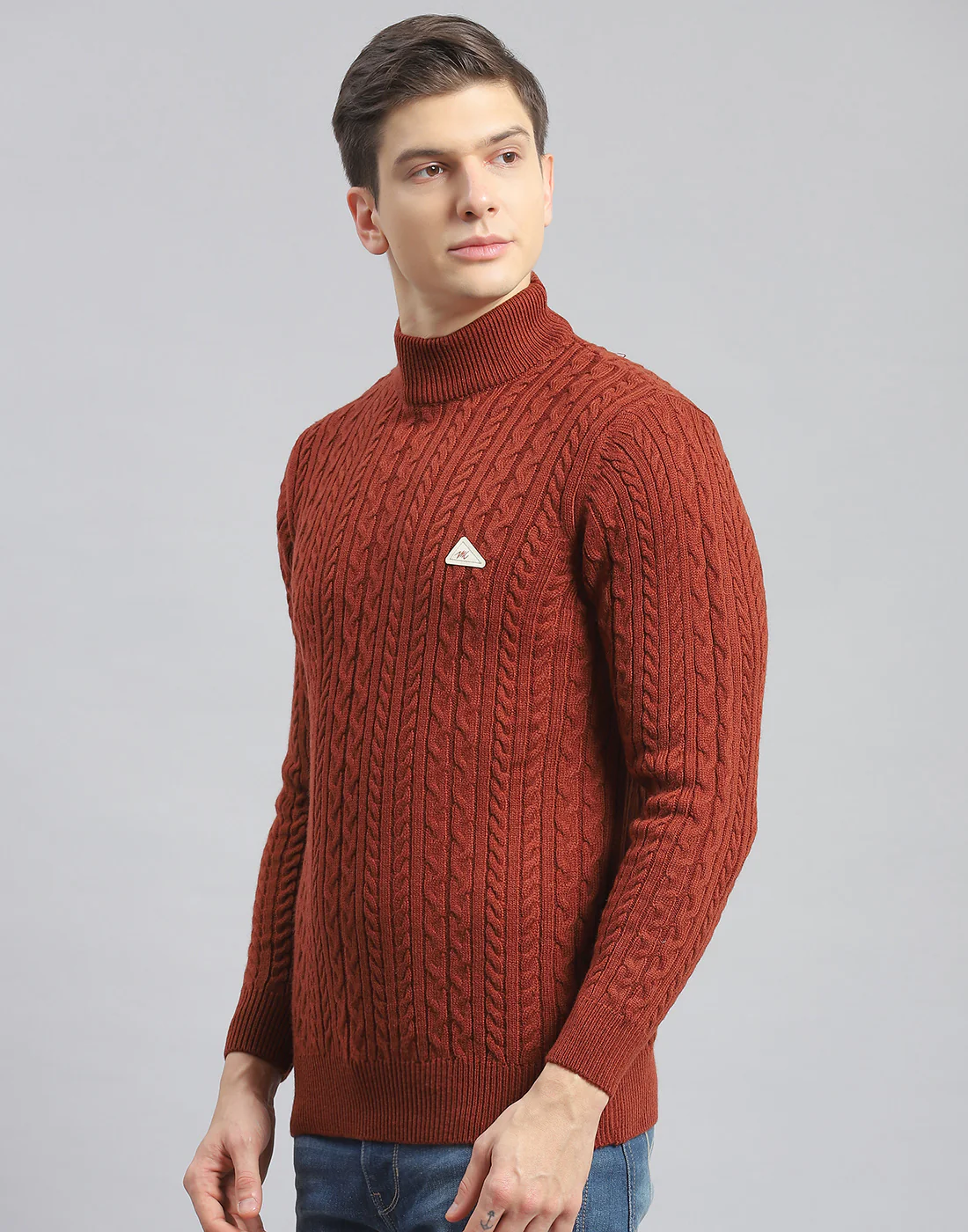 Men Rust Self Design T Neck Full Sleeve Pullover - Image 3
