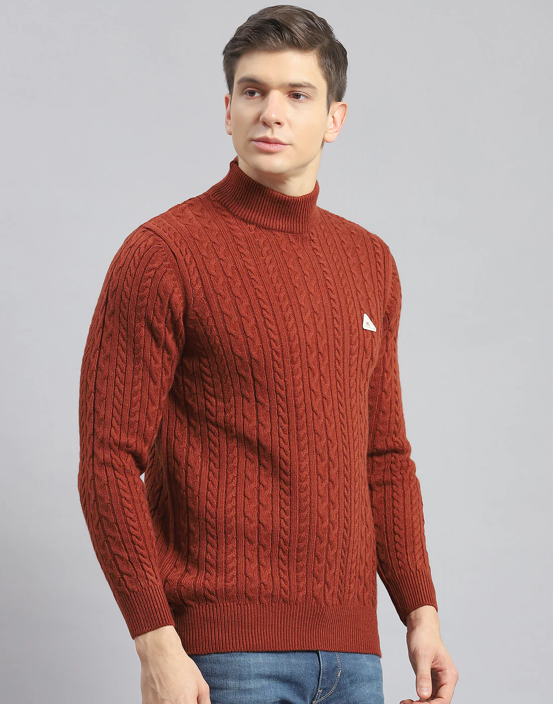 Men Rust Self Design T Neck Full Sleeve Pullover - Image 4