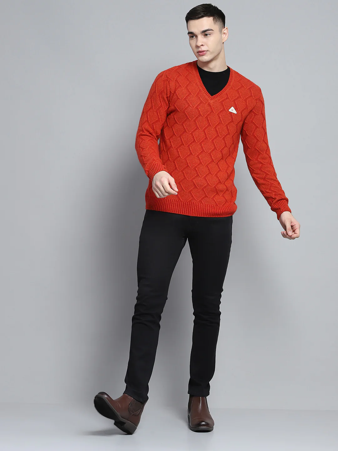 Men Rust Self Design V Neck Full Sleeve Pullover - Image 2