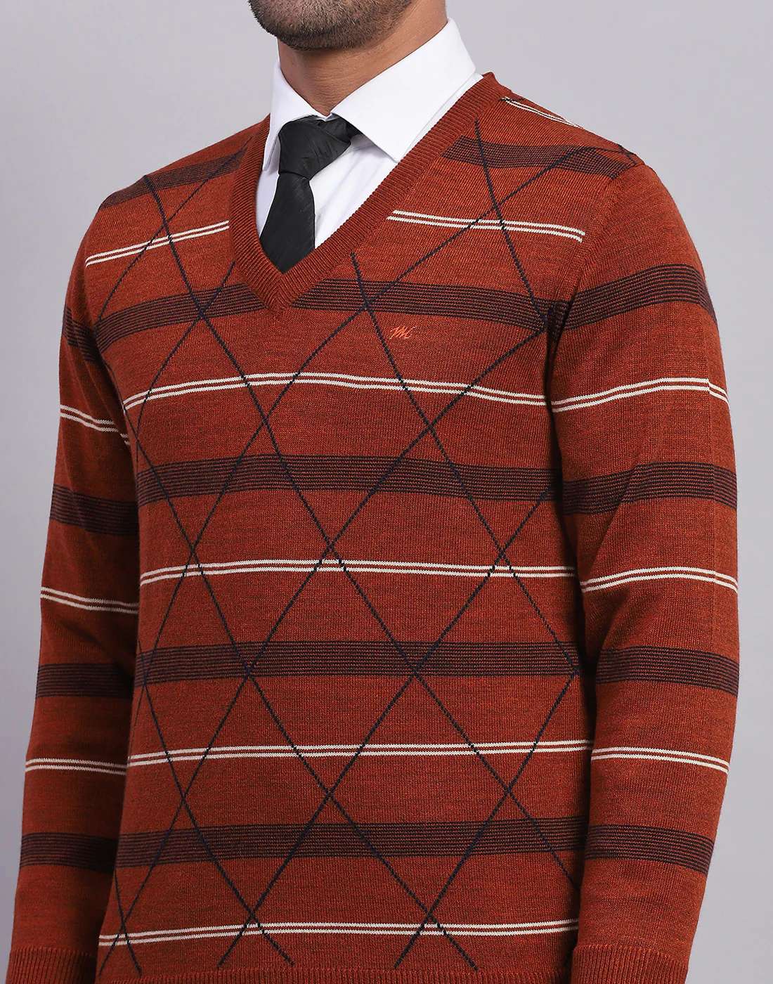 Men Rust Self Design V Neck Full Sleeve Pullover - Image 6