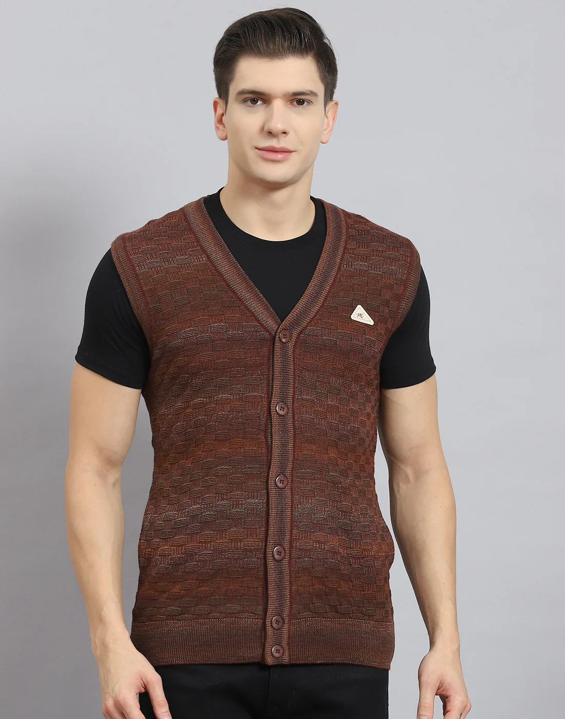 Men Rust Self Design V Neck Sleeveless Sweater - Image 3