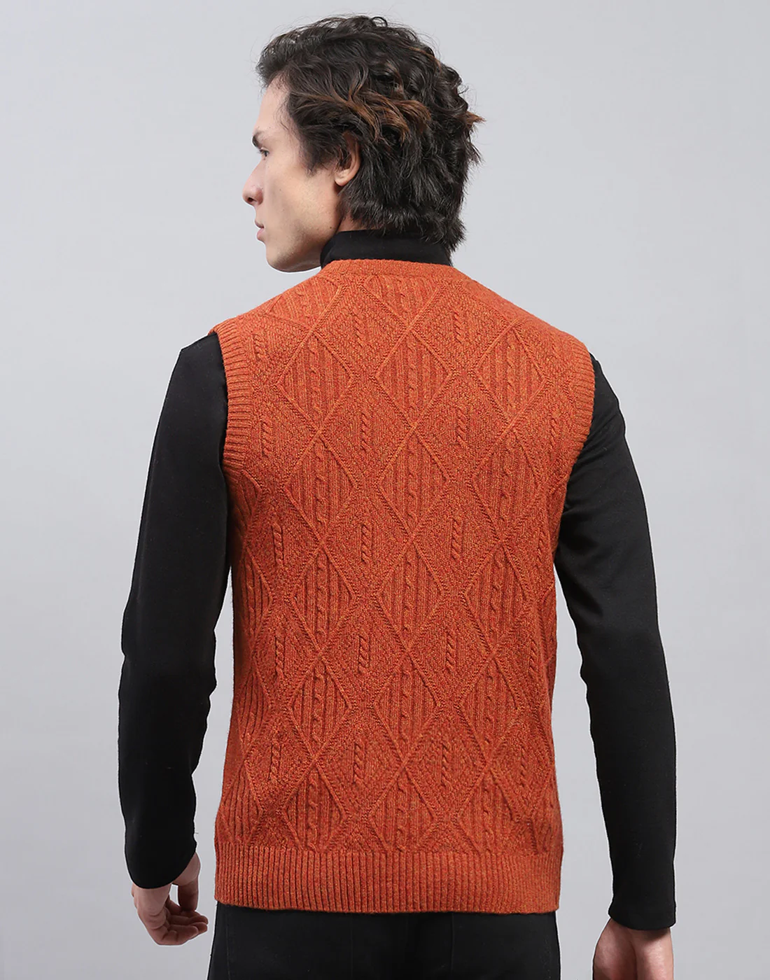 Men Rust Self Design V Neck Sleeveless Sweater - Image 5