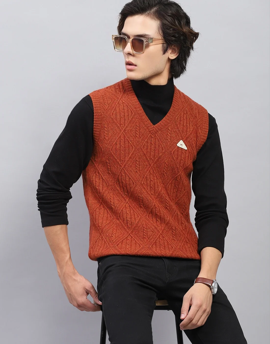 Men Rust Self Design V Neck Sleeveless Sweater - Image 6