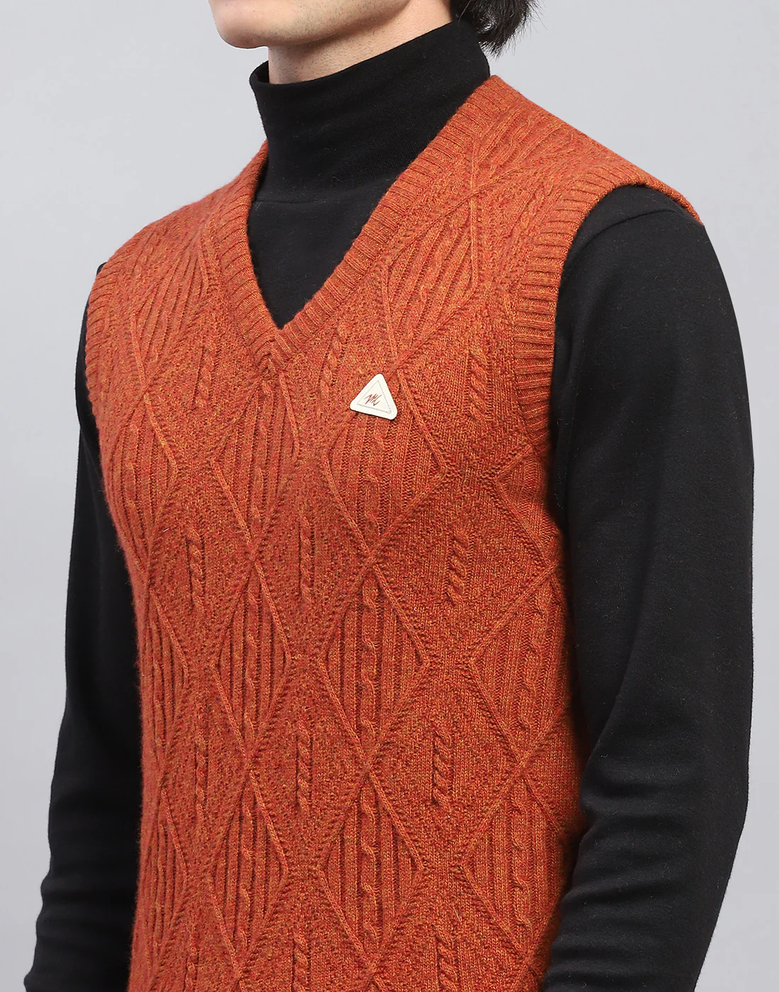 Men Rust Self Design V Neck Sleeveless Sweater - Image 7